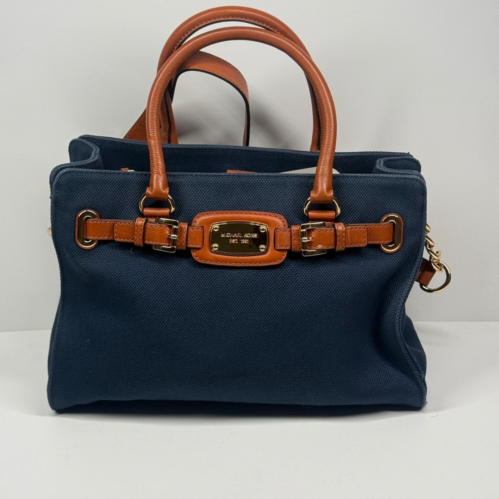 Michael Kors Hamilton Satchel Blue Canvas Medium Magnetic Snap Shoulder Bag